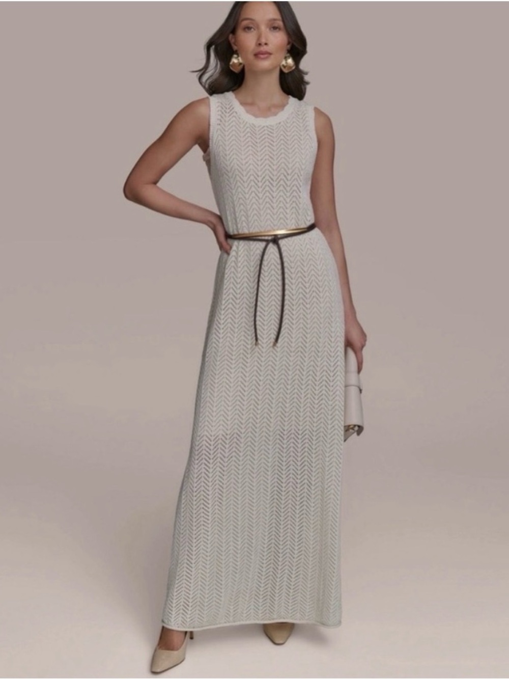 Donna Karan Cream Chevron Knit Sleeveless Maxi Dress